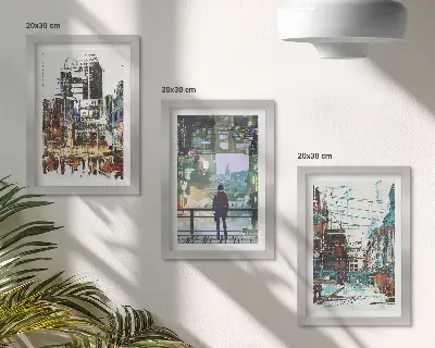 3-piece wall art set modern cities in vibrant colors with a background figure