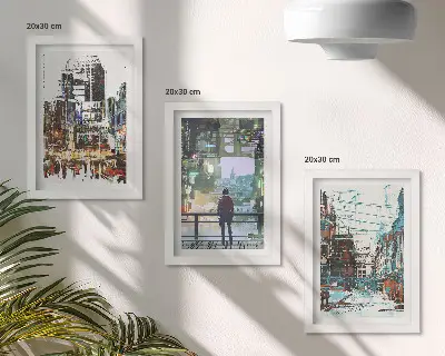3-piece wall art set modern cities in vibrant colors with a background figure