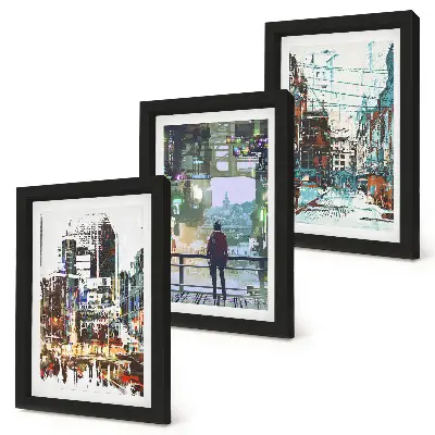 3-piece wall art set modern cities in vibrant colors with a background figure