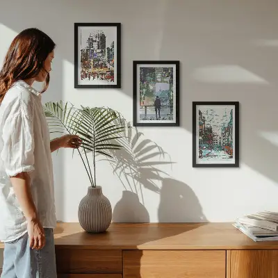 3-piece wall art set Modern cities in colors with a figure in the background