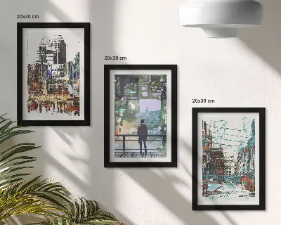 3-piece wall art set modern cities in vibrant colors with a background figure