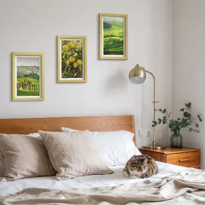 Photo frame wall with Italian landscapes featuring citrus trees and green hills