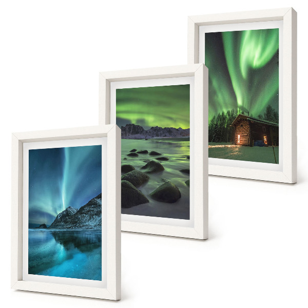 Framed triptych Winter landscapes with the Northern Lights over the mountains