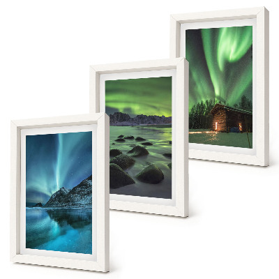 Framed triptych Winter landscapes with the Northern Lights over the mountains