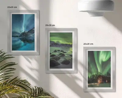 Winter landscapes with the Northern Lights over the mountains framed triptych