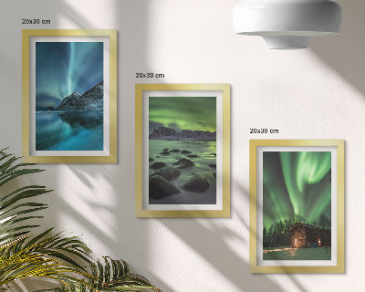 Framed triptych Winter landscapes with the Northern Lights over the mountains