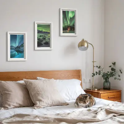 Winter landscapes with the Northern Lights over the mountains framed triptych