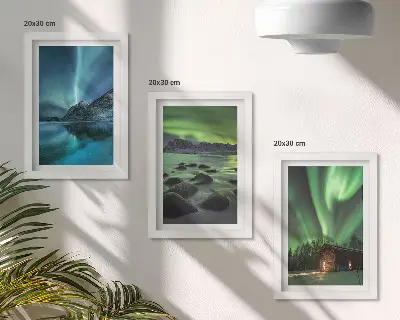 Winter landscapes with the Northern Lights over the mountains framed triptych