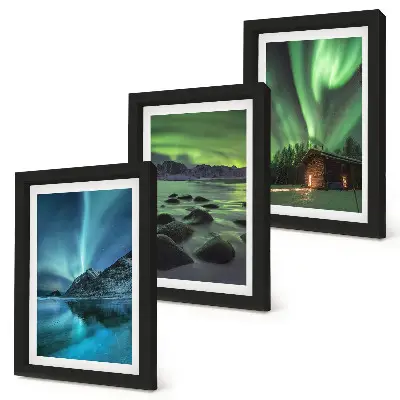 Winter landscapes with the Northern Lights over the mountains framed triptych