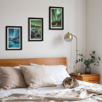 Framed triptych Winter landscapes with the Northern Lights over the mountains