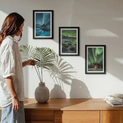 Winter landscapes with the Northern Lights over the mountains framed triptych