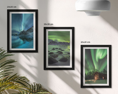 Framed triptych Winter landscapes with the Northern Lights over the mountains