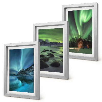 Framed triptych Winter landscapes with the Northern Lights over the mountains