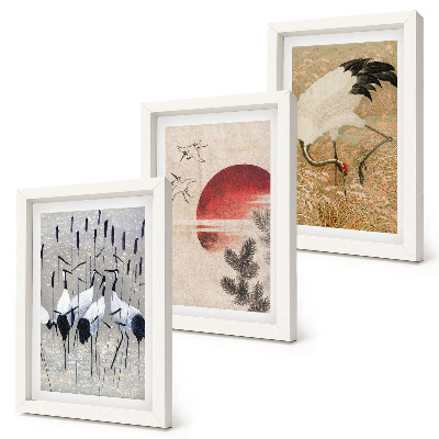 3-piece wall art set Japanese crane illustrations landscape japandi