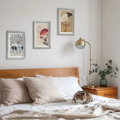 3-piece wall art set featuring Japanese crane landscape illustrations in Japandi style