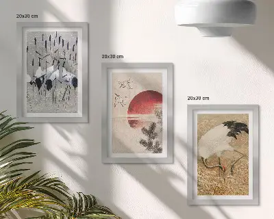 3-piece wall art set featuring Japanese crane landscape illustrations in Japandi style