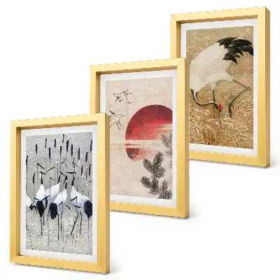 3-piece wall art set featuring Japanese crane landscape illustrations in Japandi style