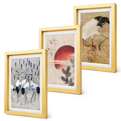 3-piece wall art set Japanese crane illustrations landscape japandi