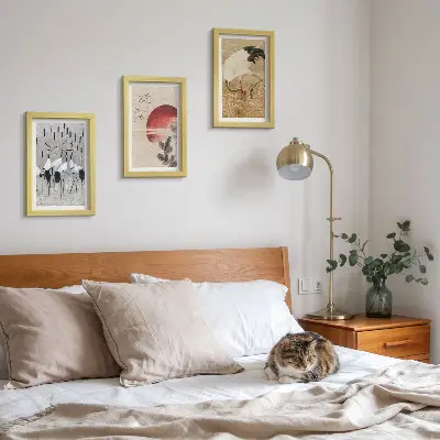 3-piece wall art set featuring Japanese crane landscape illustrations in Japandi style