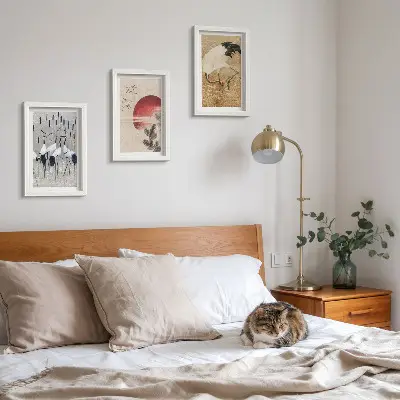 3-piece wall art set featuring Japanese crane landscape illustrations in Japandi style