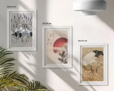 3-piece wall art set featuring Japanese crane landscape illustrations in Japandi style