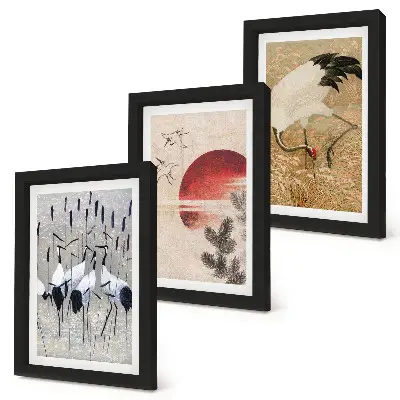 3-piece wall art set featuring Japanese crane landscape illustrations in Japandi style