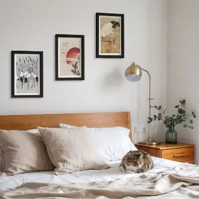 3-piece wall art set featuring Japanese crane landscape illustrations in Japandi style