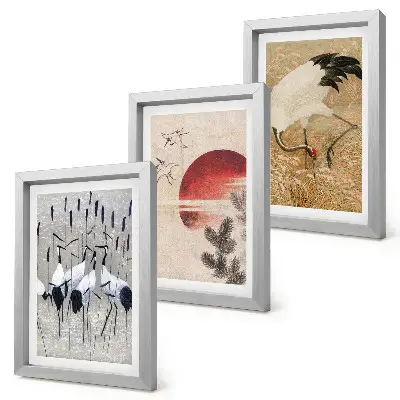 3-piece wall art set featuring Japanese crane landscape illustrations in Japandi style