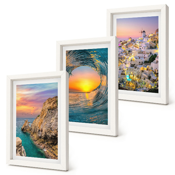 Framed triptych Views of the sea, waves and white houses in Santorini, Greece