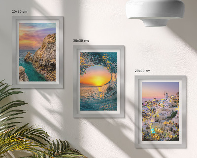 Framed triptych Views of the sea, waves and white houses in Santorini, Greece
