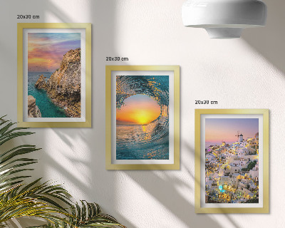 Framed triptych Views of the sea, waves and white houses in Santorini, Greece