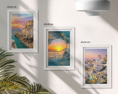 Framed triptych Views of the sea, waves and white houses in Santorini, Greece