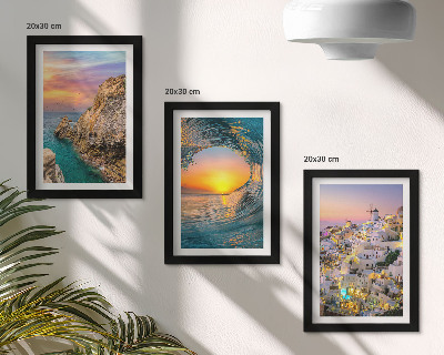 Framed triptych Views of the sea, waves and white houses in Santorini, Greece