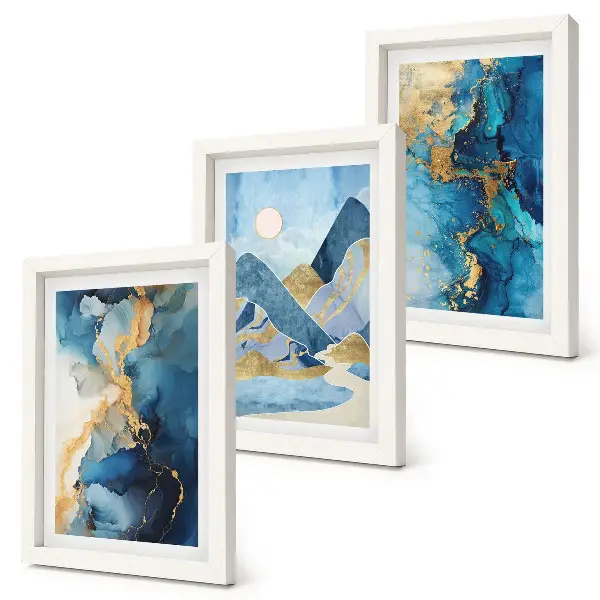Photo frame wall with blue mountains and abstract pattern elements
