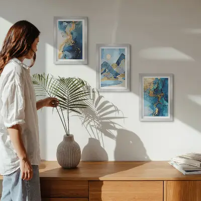 Photo frame wall with blue mountains and abstract pattern elements