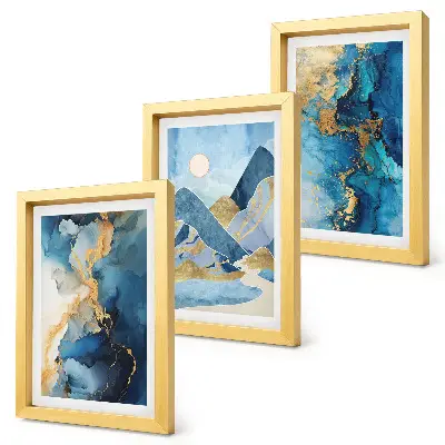 Photo frame wall with blue mountains and abstract pattern elements
