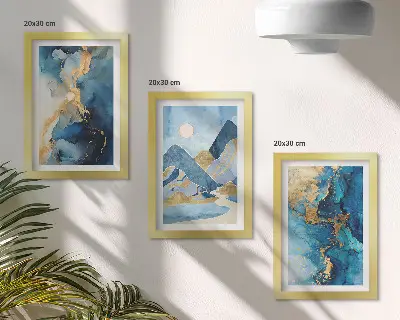 Photo frame wall with blue mountains and abstract pattern elements