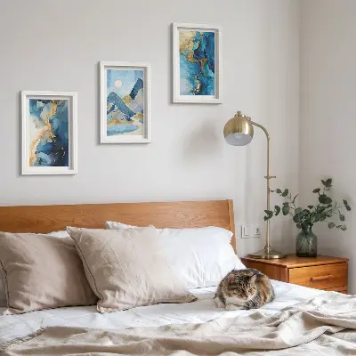 Photo frame wall with blue mountains and abstract pattern elements