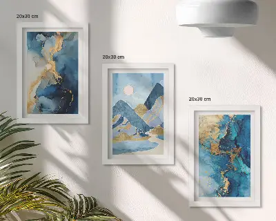 Photo frame wall with blue mountains and abstract pattern elements