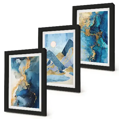 Photo frame wall with blue mountains and abstract pattern elements