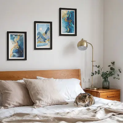 Photo frame wall with blue mountains and abstract pattern elements