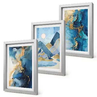 Photo frame wall with blue mountains and abstract pattern elements