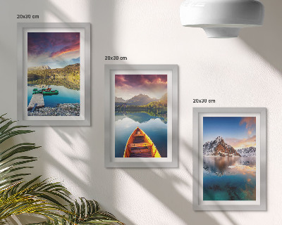 Framed triptych Tranquil lakes with mountain scenery and a boat