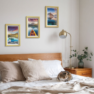 Framed triptych Tranquil lakes with mountain scenery and a boat