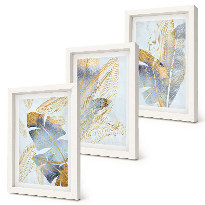 3-piece wall art set Leaves in shades of blue and beige on a light background