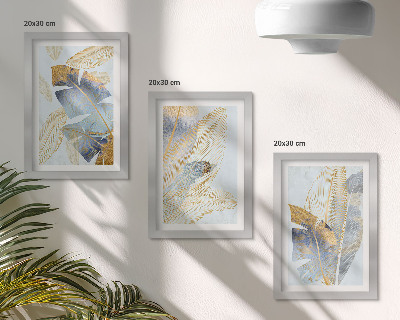 3-piece wall art set Leaves in shades of blue and beige on a light background