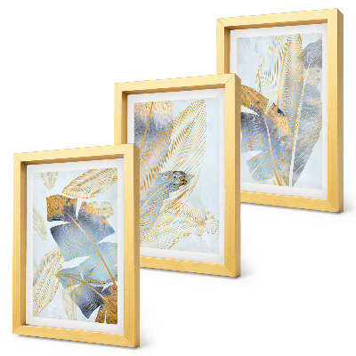 3-piece wall art set Leaves in shades of blue and beige on a light background