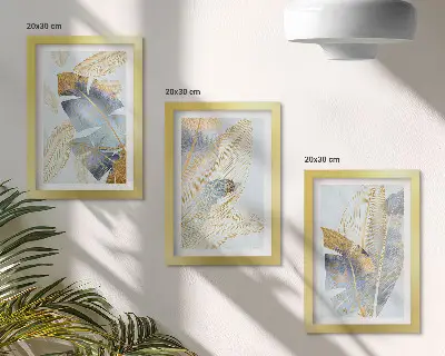 3-Piece wall art set featuring leaves in shades of blue and beige on a light background