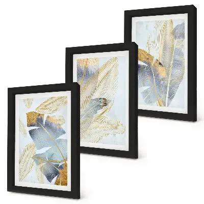 3-Piece wall art set featuring leaves in shades of blue and beige on a light background