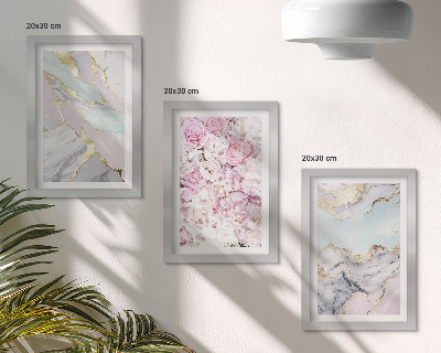 Framed triptych Pink flowers with marble and pastel patterns